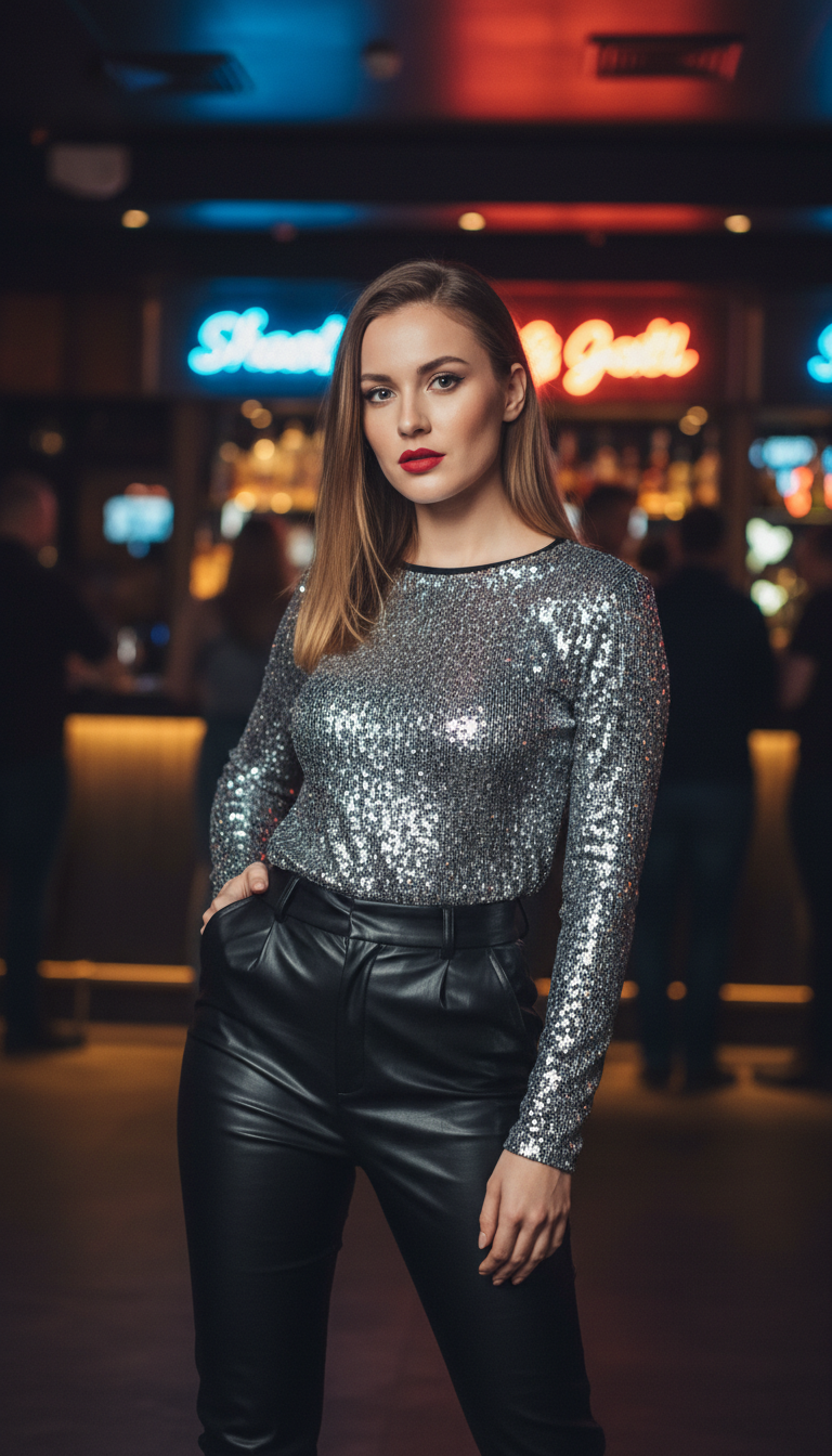 Glamorous Sequin Top & Leather Pants
