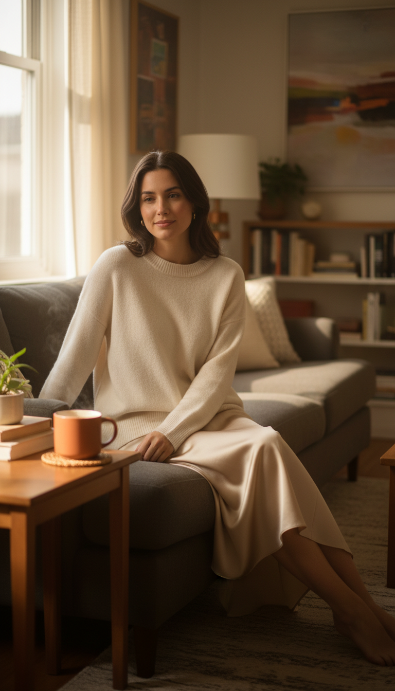 Cashmere Sweater & Silk Slip Skirt