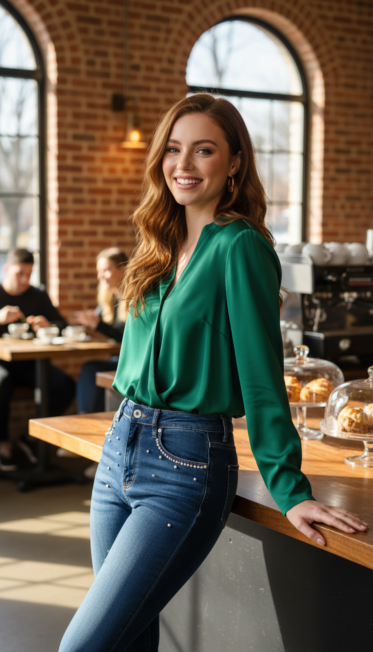 Embellished Denim & Luxe Blouse
