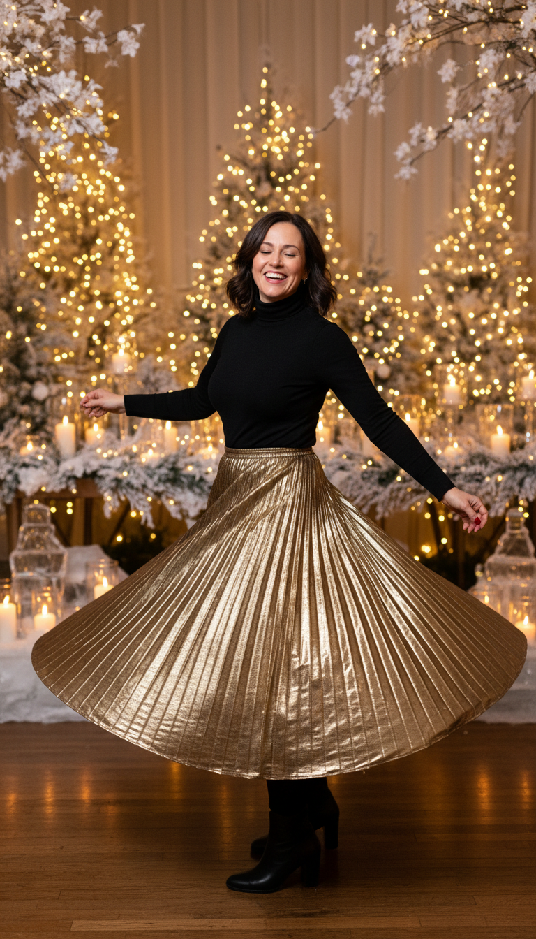 Metallic Pleated Skirt & Turtleneck