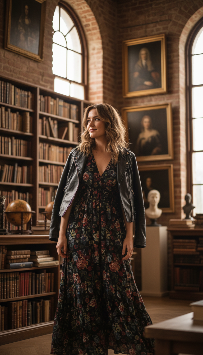 Dark Floral Maxi Dress with Layers