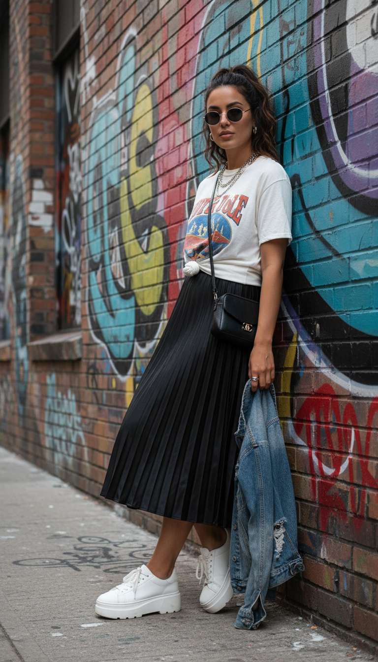 Graphic Tee & Midi Skirt: Trendy & Personal Touch