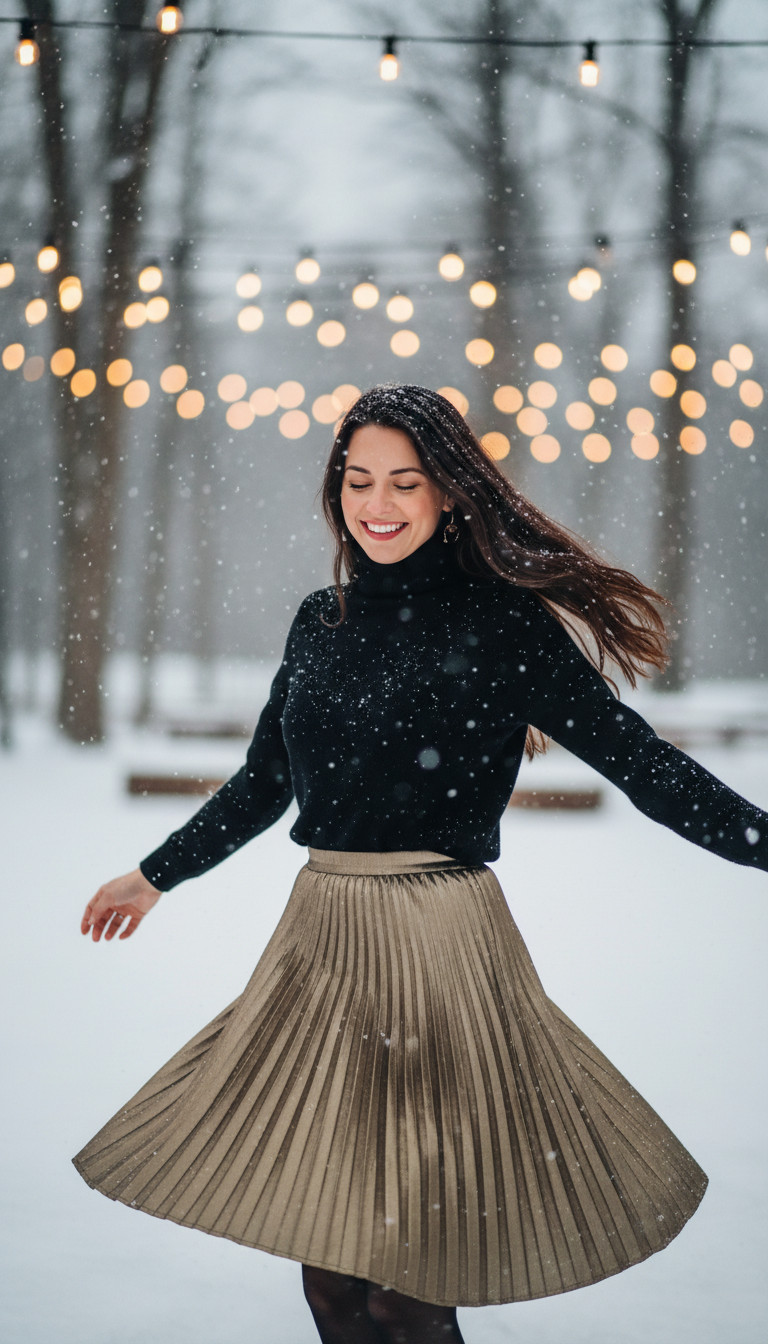Metallic Pleated Midi Skirt