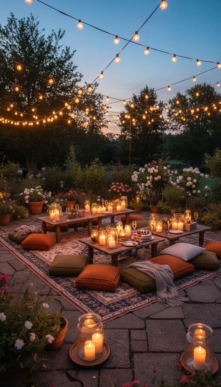 Outdoor Ambiance: String Lights & Rugs
