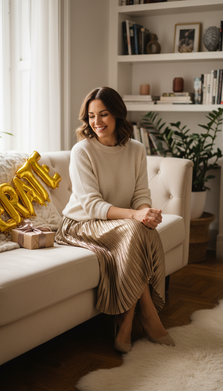 Metallic Pleated Skirt & Cashmere Sweater