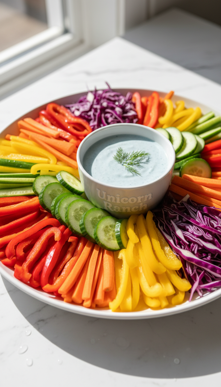 Vibrant Rainbow Veggie Platter with Unicorn Ranch