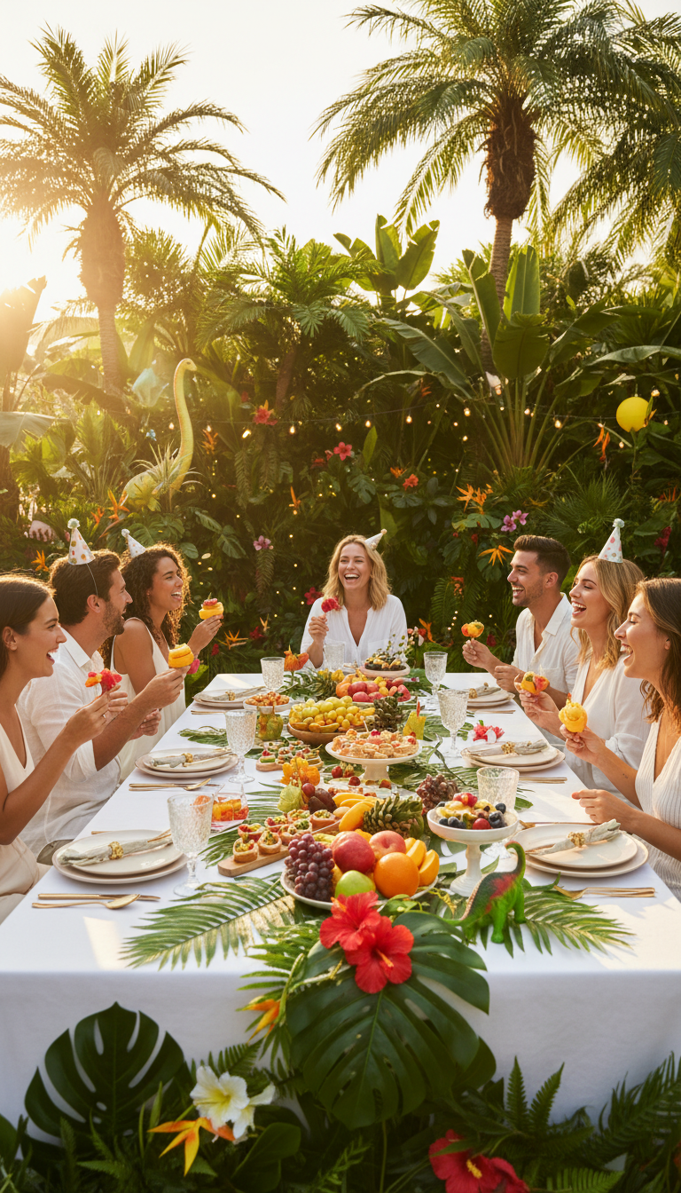 Tropical Dino Oasis: Lush Greenery and Vibrant Blooms