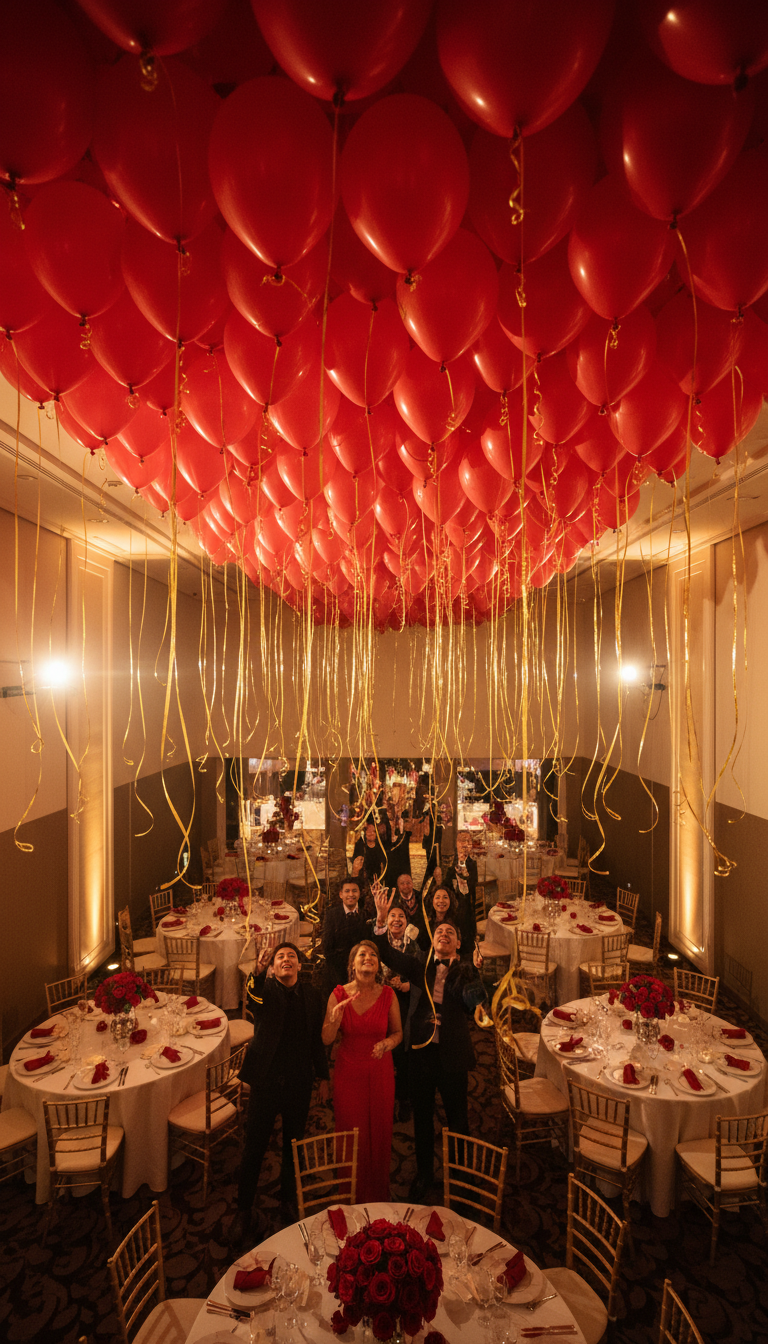 Dramatic Red Balloon Ceiling Cascade