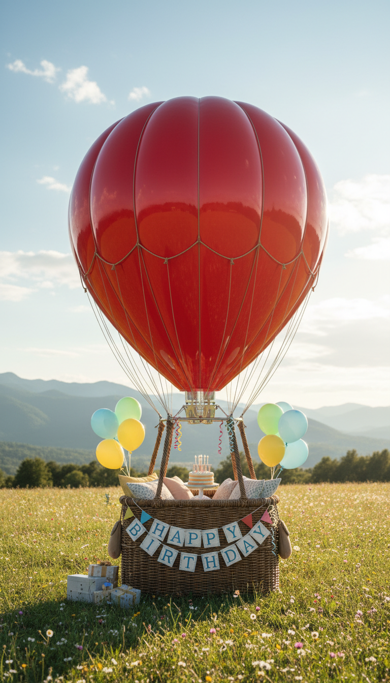 Whimsical Red Hot Air Balloon Basket Setup