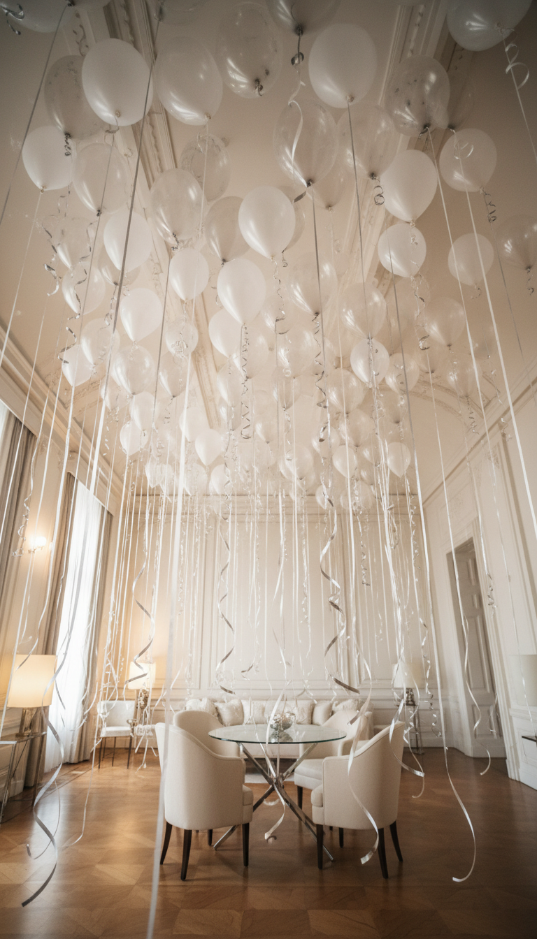 Whimsical Ceiling Balloons with Ribbons